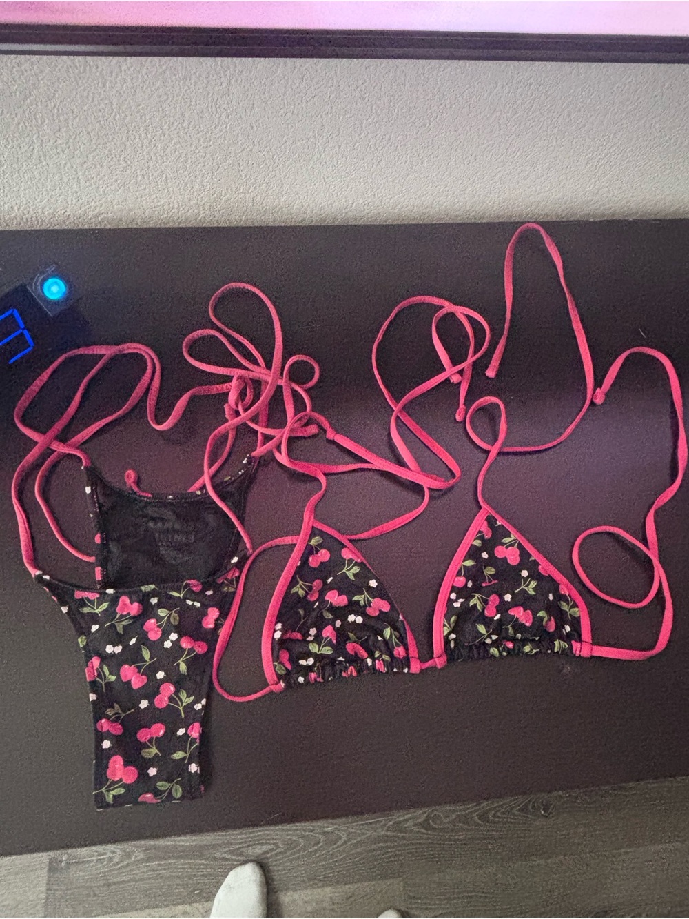 Frankie's Bikinis Black & Pink Cherry-Print Triangle Bikini